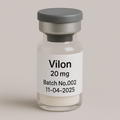 A clear glass vial labeled 'Vilon 20 mg, Batch No.002, 11-04-2025' containing a white lyophilized powder, sealed with a gray rubber stopper and aluminum cap, placed against a neutral beige background
