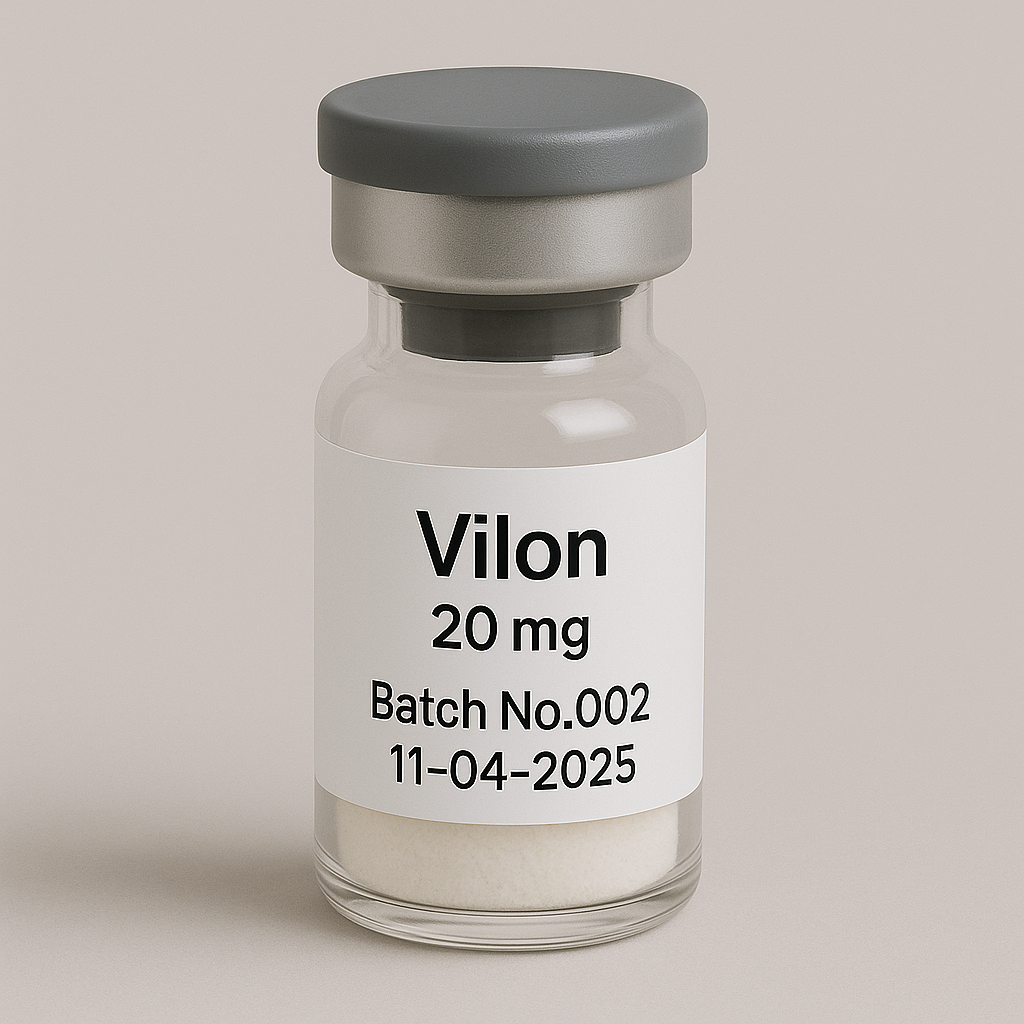 A clear glass vial labeled 'Vilon 20 mg, Batch No.002, 11-04-2025' containing a white lyophilized powder, sealed with a gray rubber stopper and aluminum cap, placed against a neutral beige background