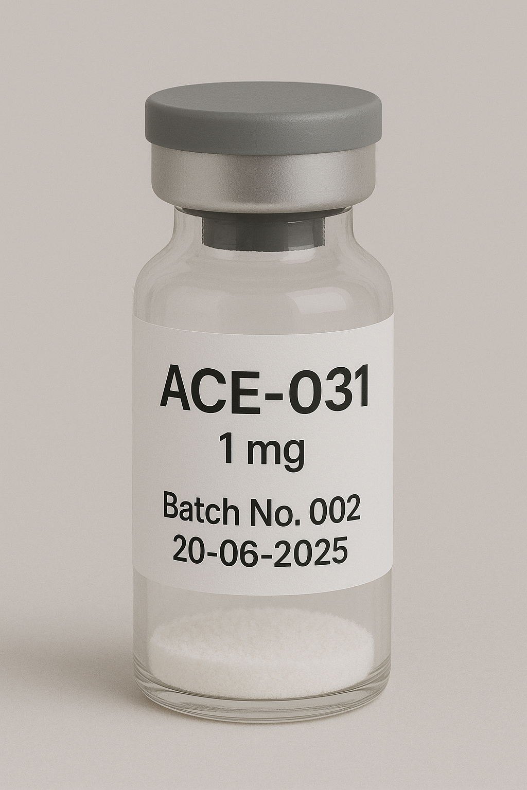 Glass vial with a label displaying 'ACE-031' and batch information on a beige background