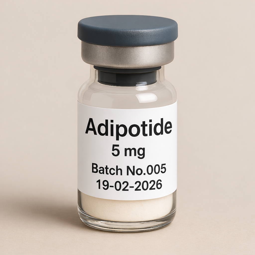 Adipotide 5 mg peptide vial with beige background, labeled Batch No.005 and expiration date 19-02-2026, clear glass bottle with lyophilized powder and gray rubber cap
