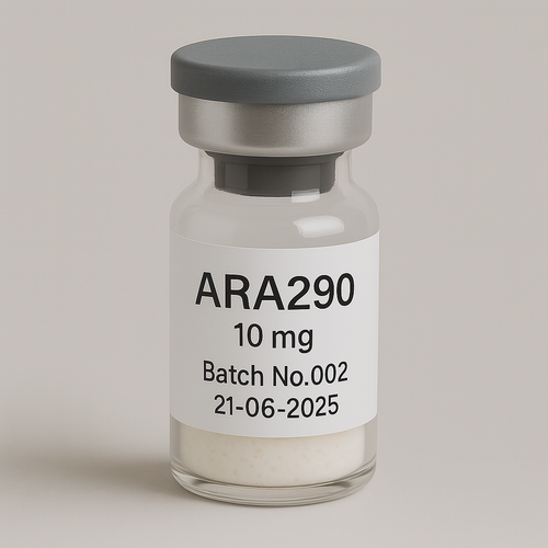 Glass vial labeled 'ARA290 10 mg, Batch No.002, 21-06-2025' containing a white lyophilized powder, sealed with a gray rubber stopper and silver cap, placed against a neutral beige background