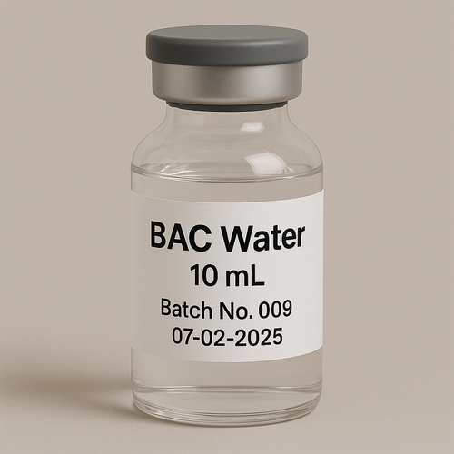 Clear glass vial with a gray cap and label on a beige background