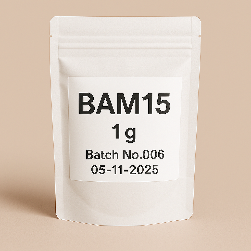 resealable stand-up pouch labeled "BAM15 1g, Batch No.006, 05-11-2025", positioned against a neutral beige background. The minimalist packaging design emphasizes clarity and professionalism, ideal for product listings on supplement or research chemical ecommerce platforms