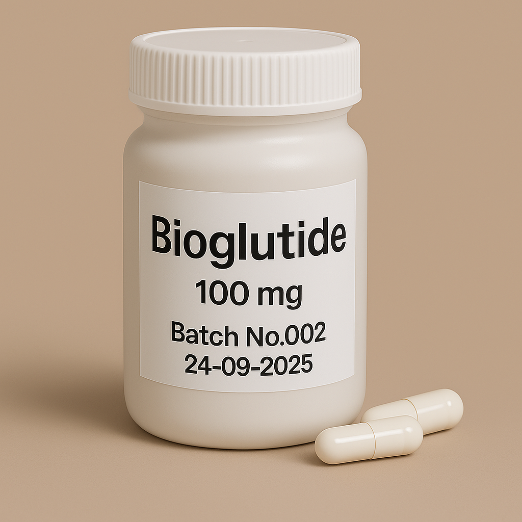 A clean, high-resolution digital photograph features a white plastic supplement bottle labeled “Bioglutide 100 mg, Batch No.002, 24-09-2025” in black text. The bottle is positioned upright on a neutral beige background with two cream-colored capsules placed beside it.