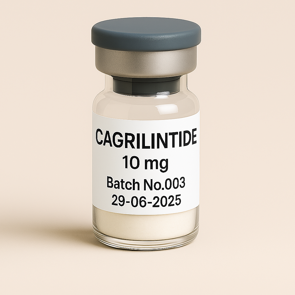 Glass vial labeled 'Cagrilintide 10 mg, Batch No.003, 29-06-2025' containing a white lyophilized powder, sealed with a gray cap and silver collar, placed upright on a neutral beige background in a clinical-style product image