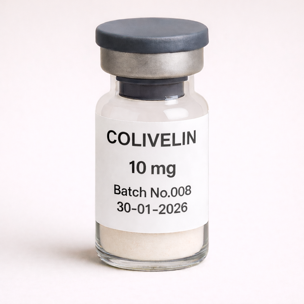 Colivelin 10 mg peptide vial product image with Batch No. 008 and expiry date 30-01-2026, clear glass bottle with gray cap and off-white powder on a neutral beige background.