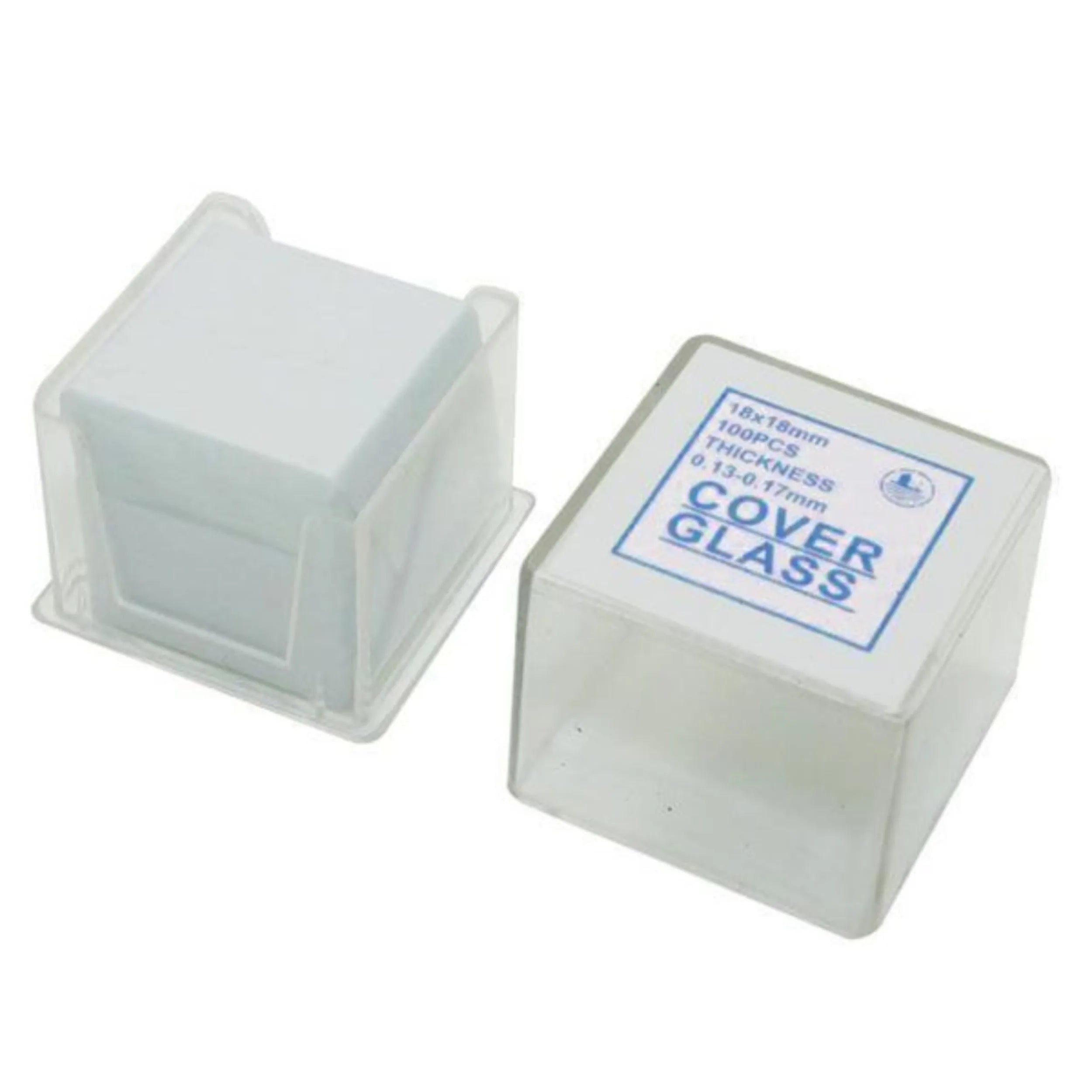 Packaging of cover glasses with a clear lid on a white background