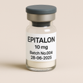 High-resolution image of a small transparent glass vial labeled "Epitalon 10 mg, Batch No.004, 28-06-2025", containing a white powder and sealed with a gray cap, displayed against a neutral background