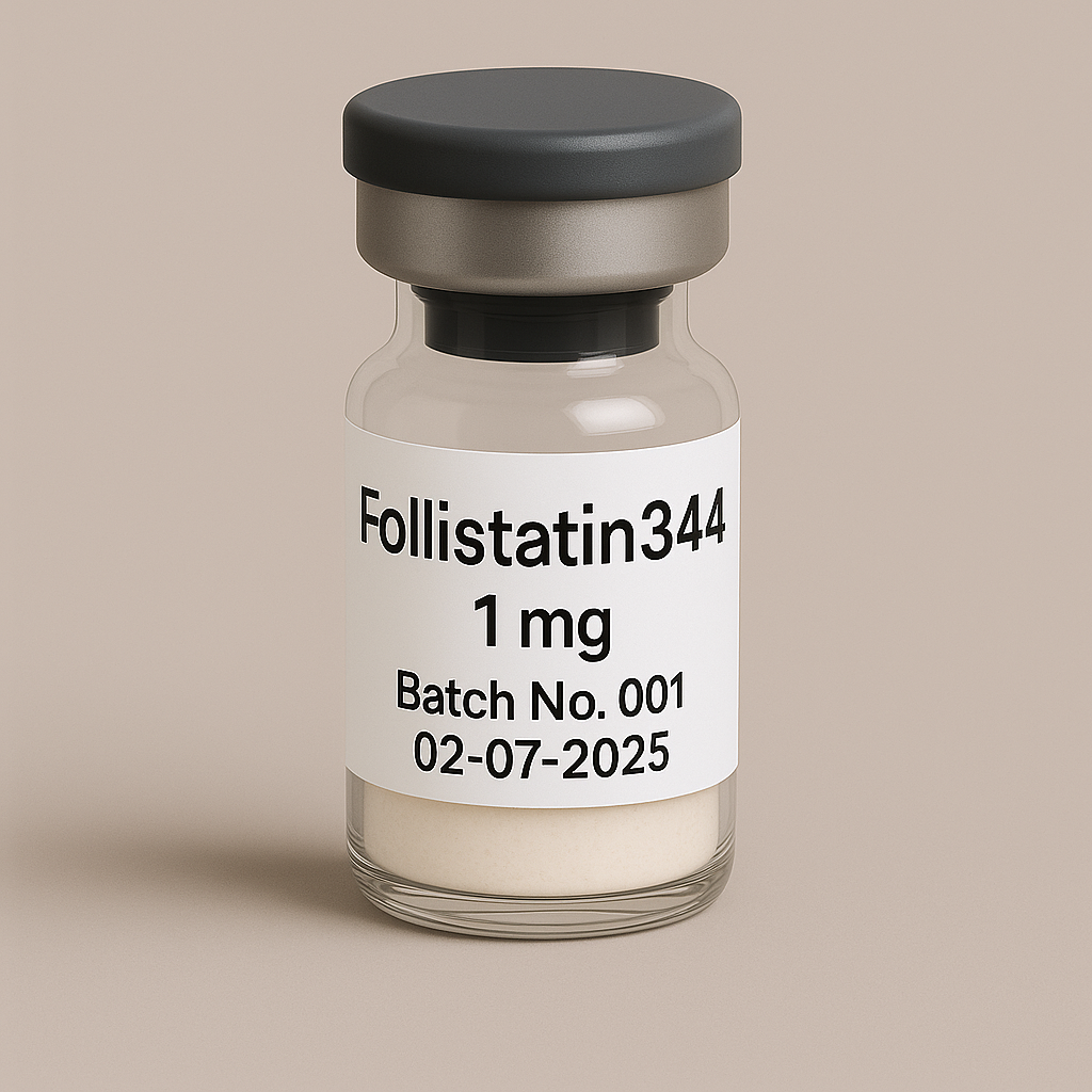 High-resolution image of a pharmaceutical vial labeled ‘Follistatin 344 – 1 mg, Batch No. 001, 02-07-2025,’ filled with white lyophilized powder and sealed with a dark gray cap, set against a neutral taupe background