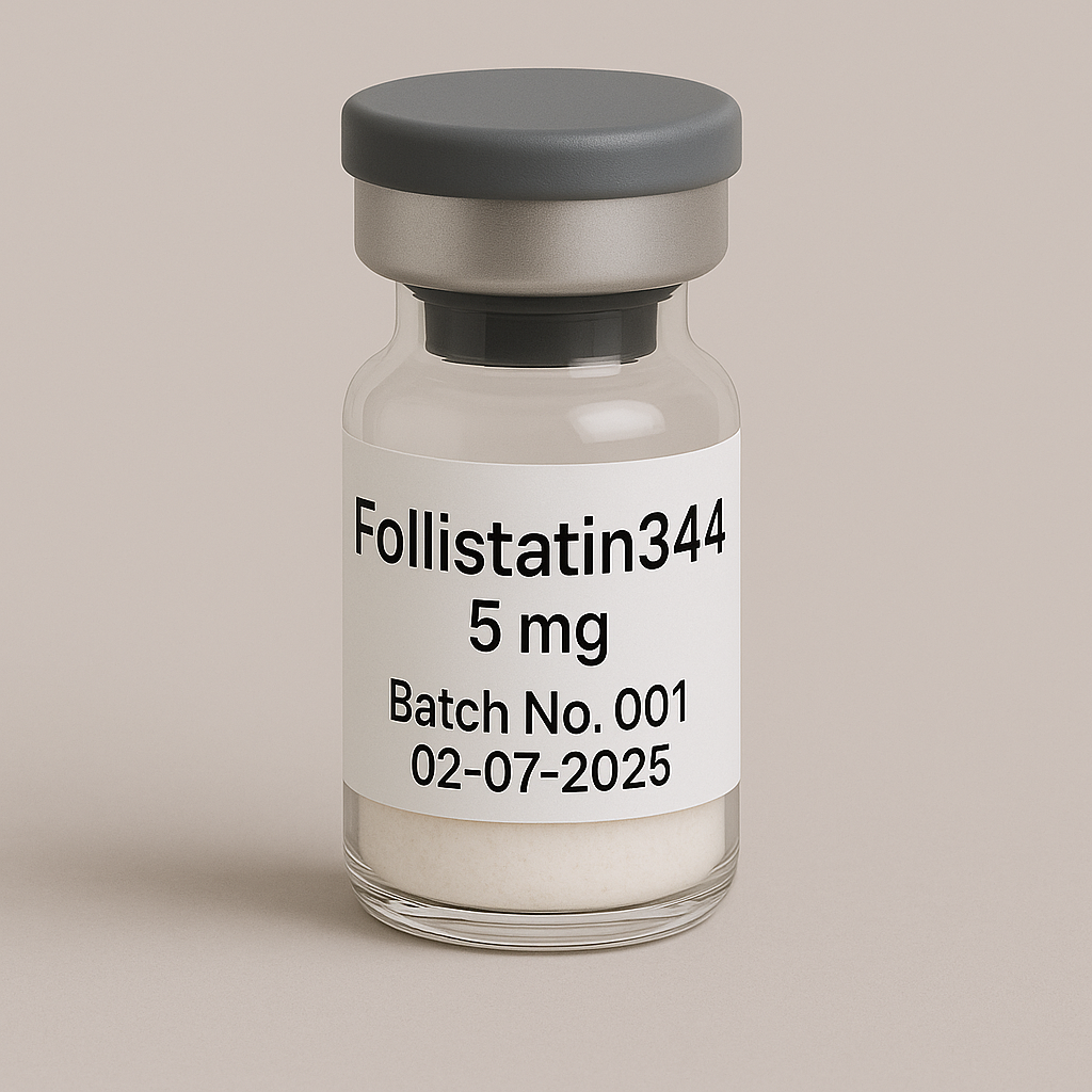 Glass vial labeled 'Follistatin344' with batch information on a beige background