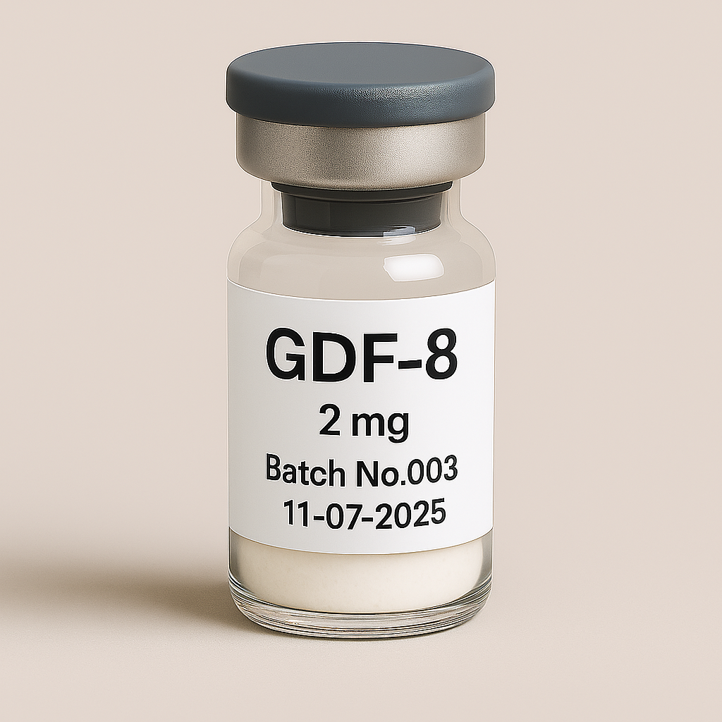 Clear glass vial labeled "GDF-8 2 mg, Batch No.003, 11-07-2025" containing a white lyophilized powder and sealed with a dark gray cap, set against a soft beige background