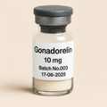 a clear glass vial containing off-white powder, labeled ‘Gonadorelin 10 mg – Batch No.003 – 17-06-2025,’ sealed with a gray rubber stopper and matte aluminum cap, set against a soft beige background.”