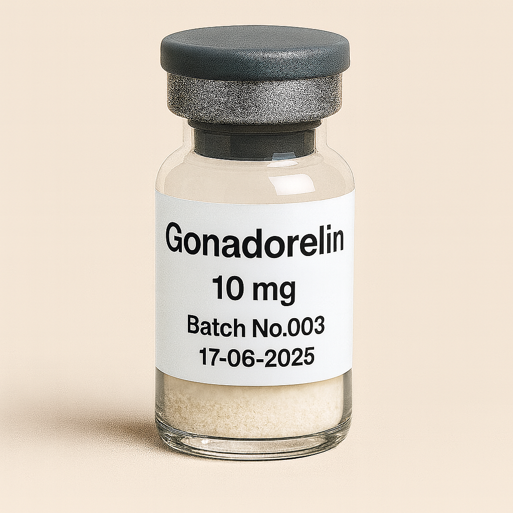 a clear glass vial containing off-white powder, labeled ‘Gonadorelin 10 mg – Batch No.003 – 17-06-2025,’ sealed with a gray rubber stopper and matte aluminum cap, set against a soft beige background.”