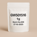 A digital product photo of a white, resealable stand-up pouch labeled GW501516 1g, Batch No.006, dated 27-10-2025, standing against a neutral beige background.