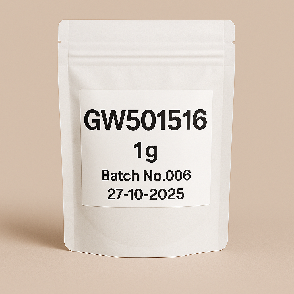 A digital product photo of a white, resealable stand-up pouch labeled GW501516 1g, Batch No.006, dated 27-10-2025, standing against a neutral beige background.
