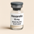 a small, transparent glass vial labeled "Hexarelin 10 mg, Batch No.002, 18-07-2025". The vial has a gray rubber stopper and contains a light, off-white powder, set against a neutral beige background.