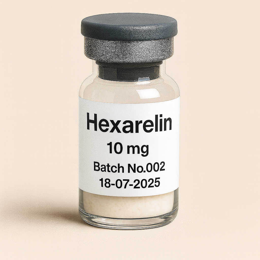 a small, transparent glass vial labeled "Hexarelin 10 mg, Batch No.002, 18-07-2025". The vial has a gray rubber stopper and contains a light, off-white powder, set against a neutral beige background.