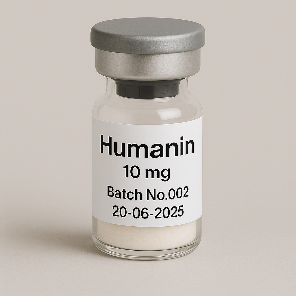 Glass vial labeled 'Humanin 10 mg, Batch No.002, 20-06-2025' containing a white lyophilized powder, sealed with a gray rubber stopper and matte silver cap, photographed against a soft beige background