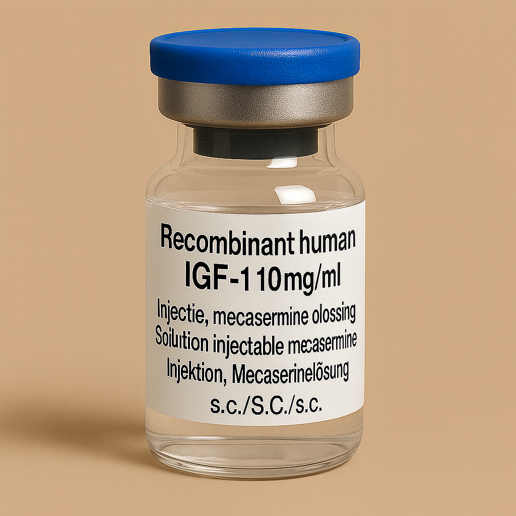 A clear glass medical vial with a blue rubber stopper, labeled “Recombinant human IGF-1 10 mg/mL.” The white label includes multilingual descriptions identifying mecasermine injectable solution and instructions for subcutaneous administration (s.c./S.C./s.c.). The vial sits upright against a neutral beige background.