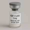 Vial labeled 'IGF-1 LR3' with batch number and date on a gray background