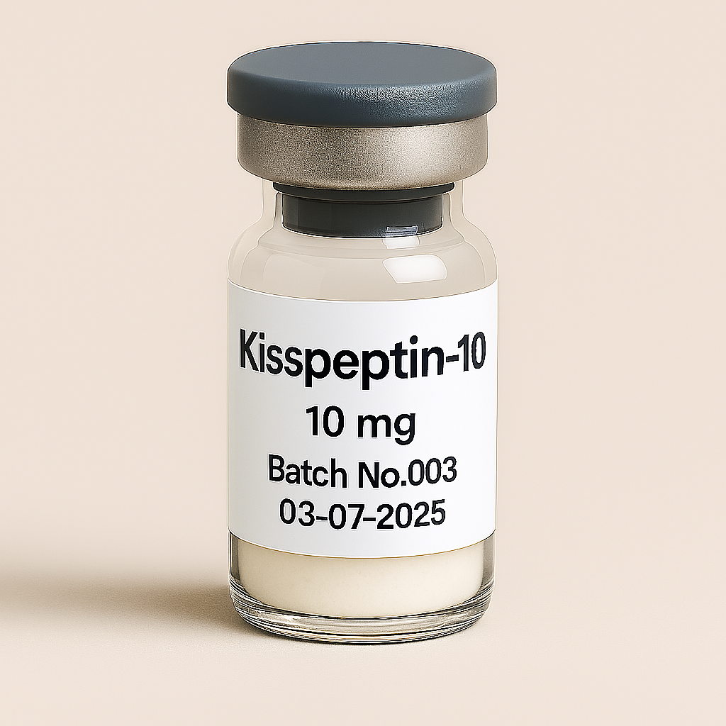 Glass vial labeled Kisspeptin-10, 10 mg, Batch No.003, dated 03-07-2025, with a gray cap and white lyophilized powder, set against a neutral beige background