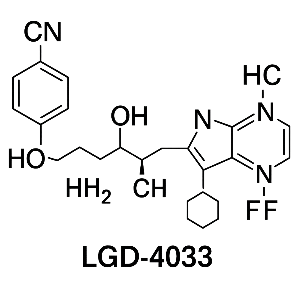 Chemical structure of LGD-4033 with labeled atoms and bonds on a white background