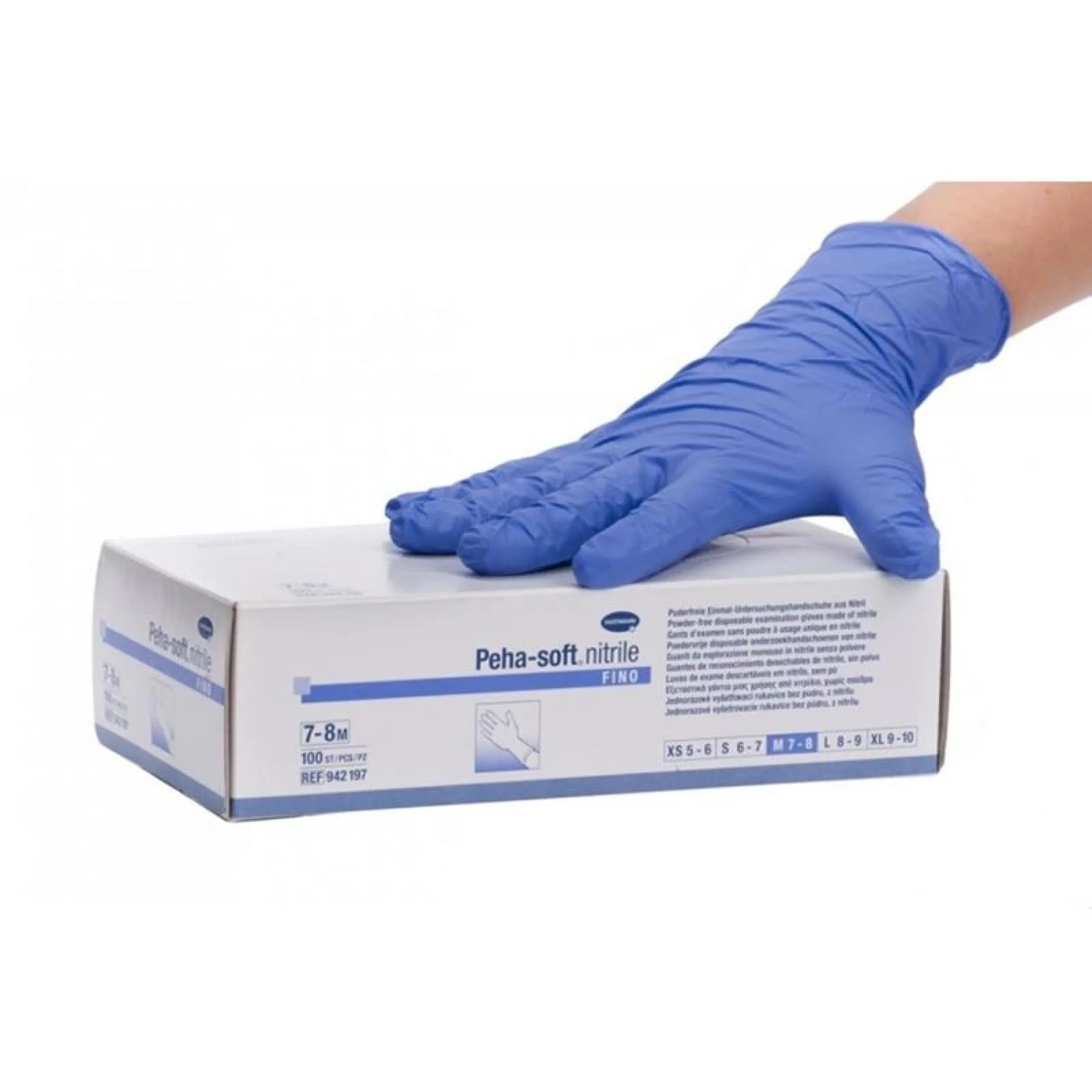 Blue glove holding a box of Peha-soft nitrile gloves on a white background