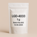 A digital photograph of a resealable white stand-up pouch labeled "LGD-4033, 1 g, Batch No.002, 13-05-2025." The pouch stands upright on a clean beige background, minimalist design with sharp black typography