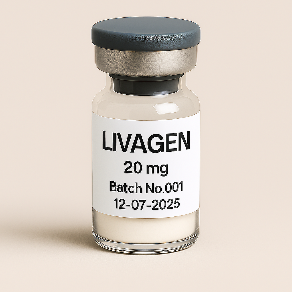 A small, transparent glass vial with a gray cap labeled 'Livagen 20 mg, Batch No.001, 12-07-2025', containing an off-white powder, photographed on a neutral background.