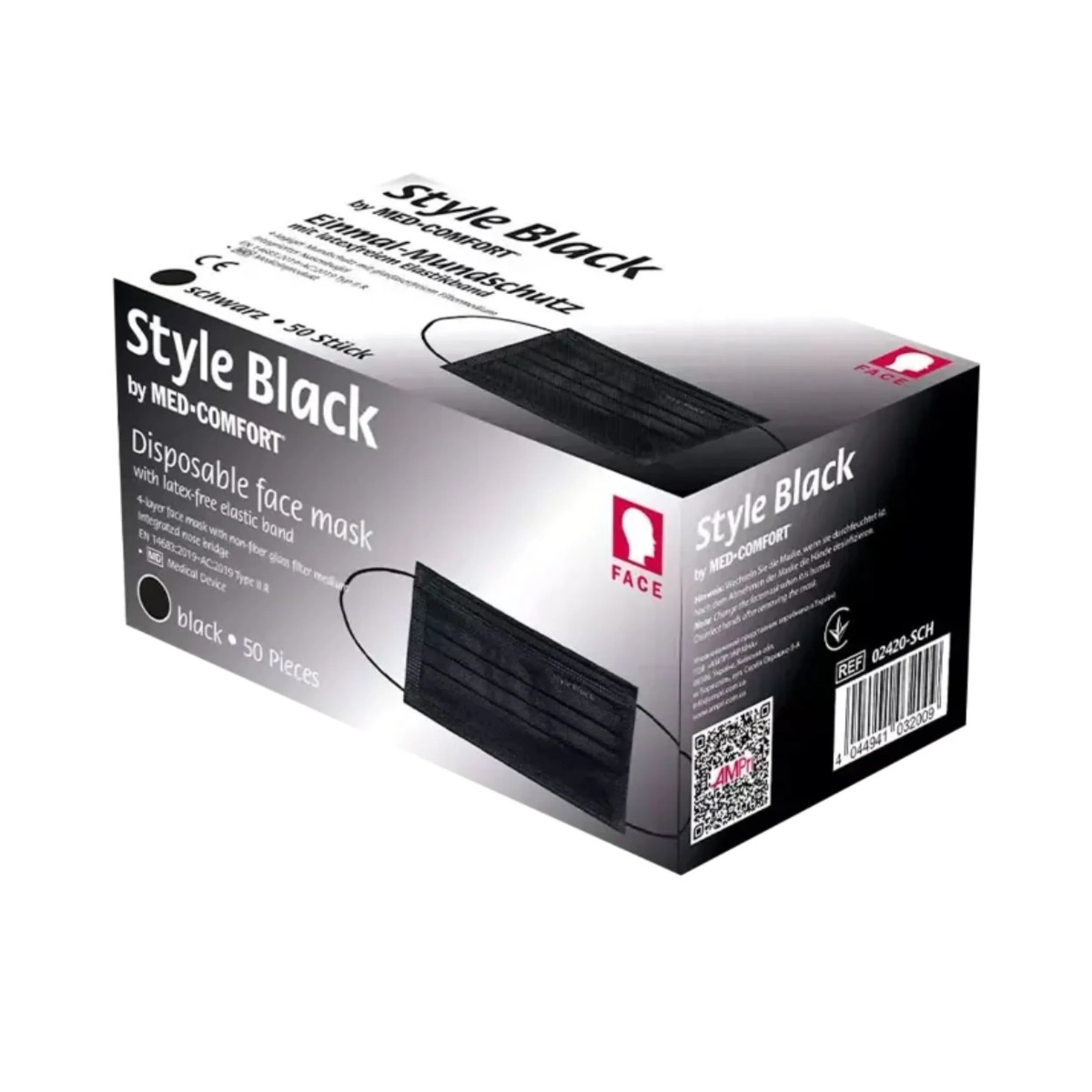 Box of Style Black disposable face masks by Med-Comfort on a white background