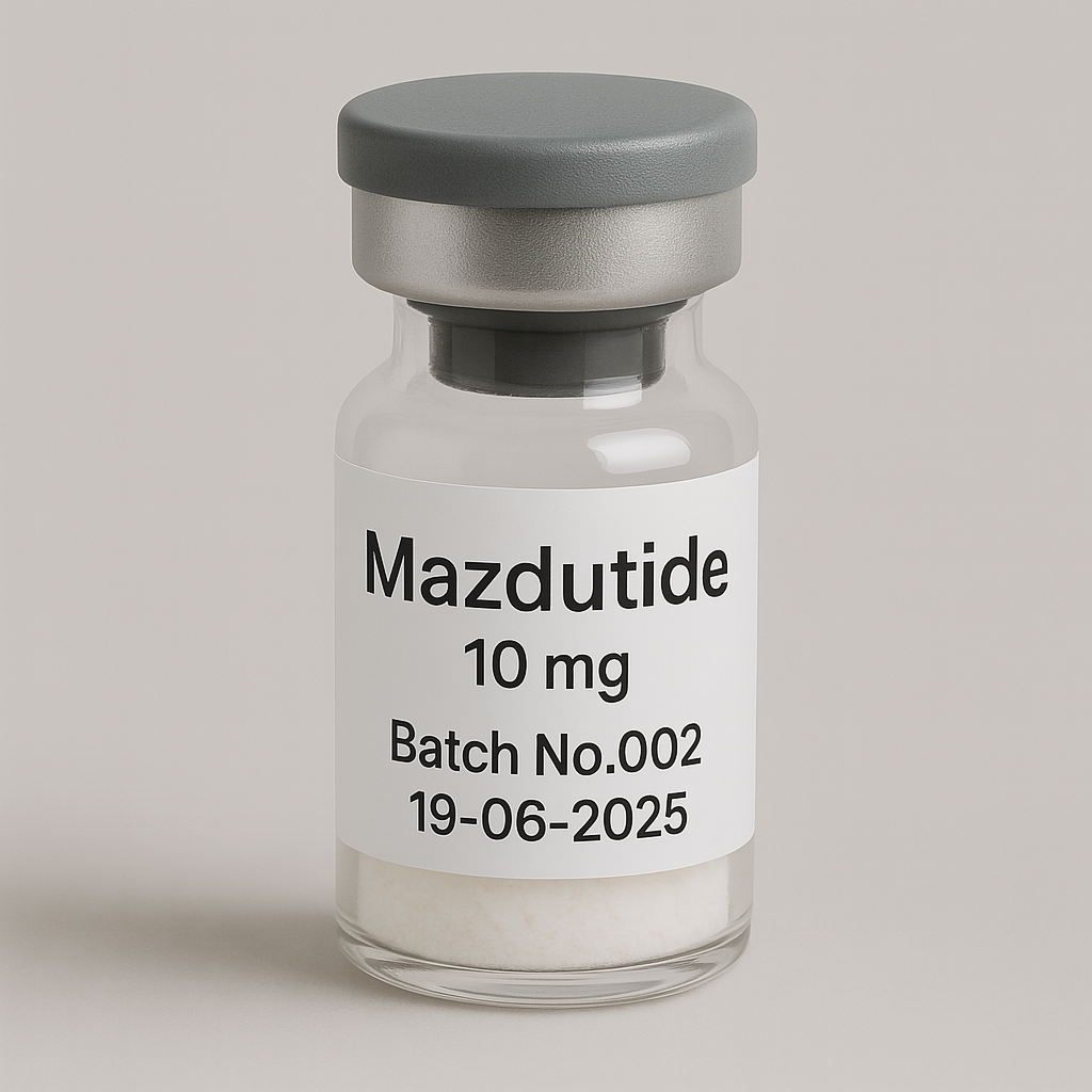 Glass vial labeled 'Mazdutide 10 mg, Batch No.002, 19-06-2025' containing a white lyophilized powder, sealed with a gray rubber stopper and matte silver cap, displayed against a soft beige background