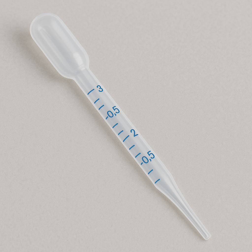 Transparent measuring pippettewith blue markings on a beige background