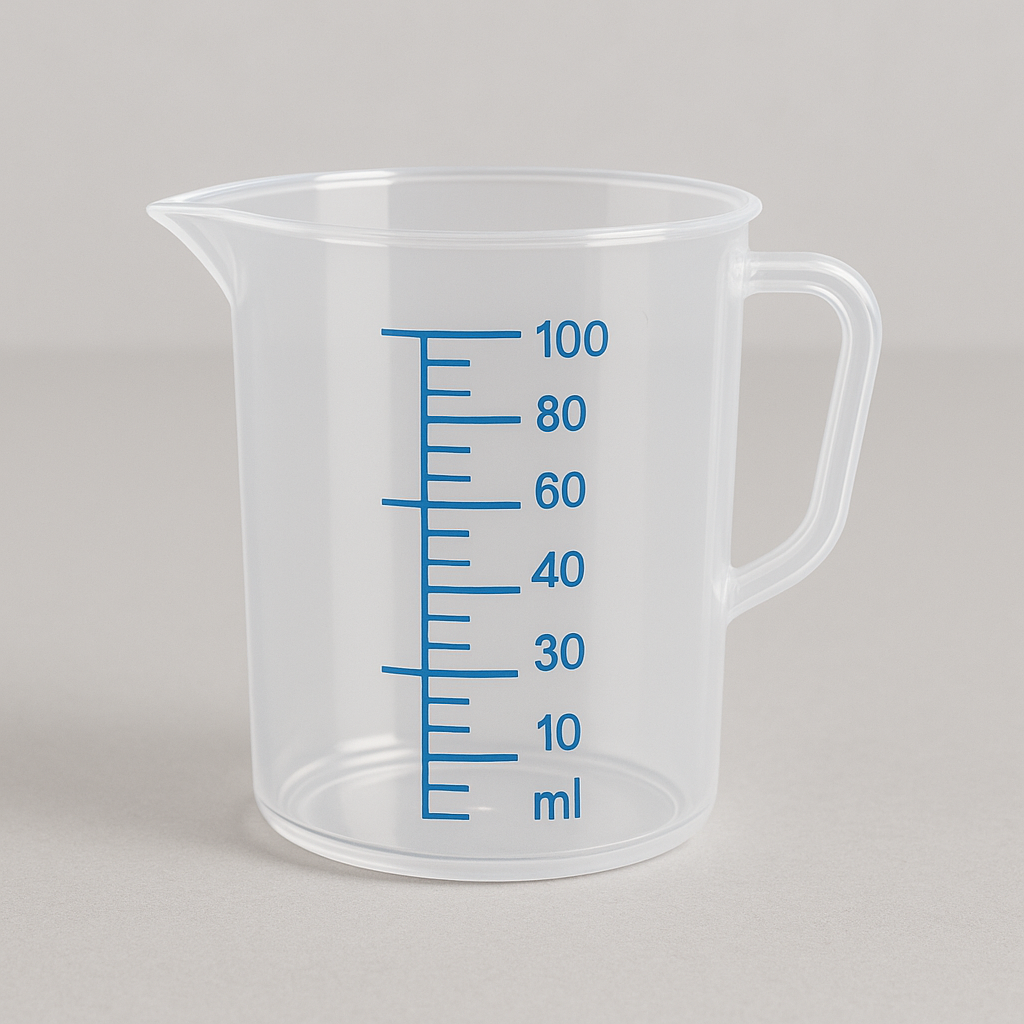 Clear measuring cup with blue measurement markings on a gray background