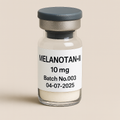 a clear glass vial containing off-white powder, labeled ‘MELANOTAN-II 10 mg – Batch No.003 – 04-07-2025,’ sealed with a gray rubber stopper and matte cap, displayed against a soft beige background