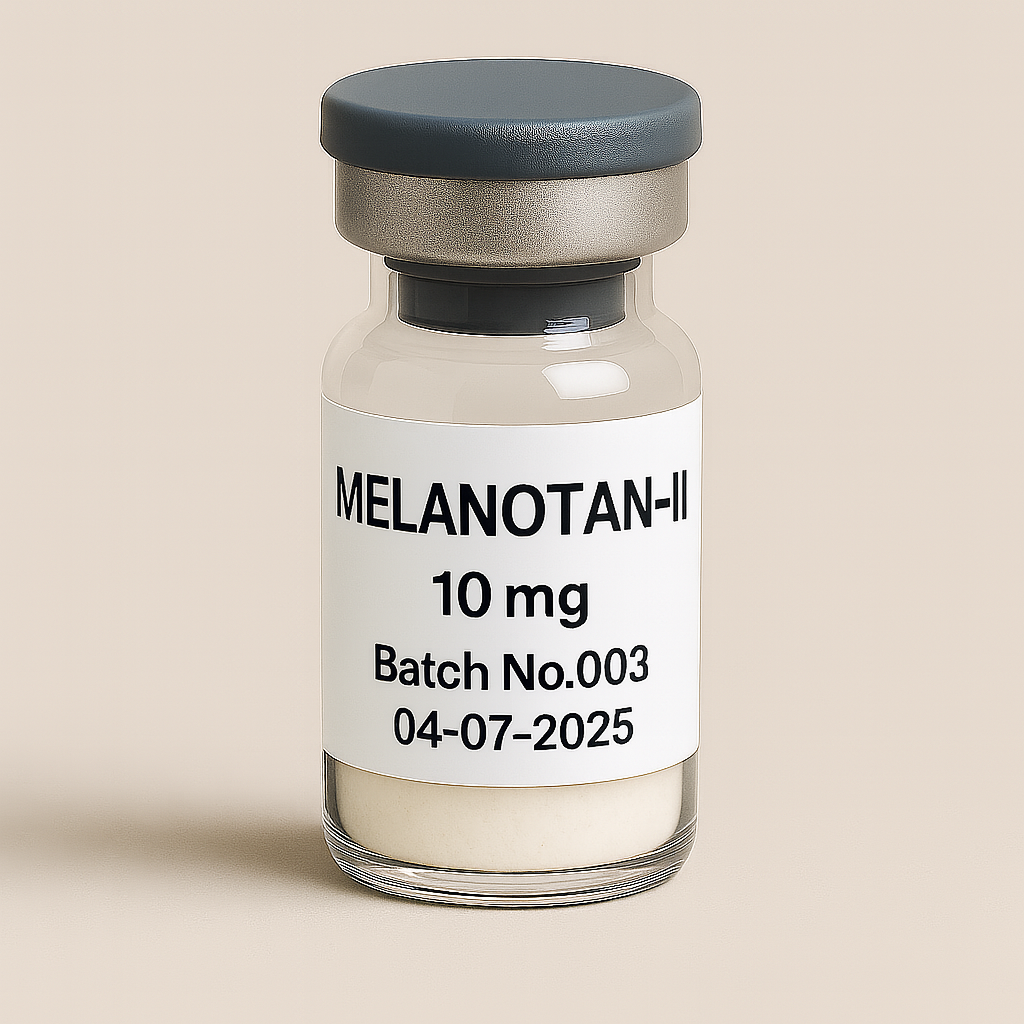 a clear glass vial containing off-white powder, labeled ‘MELANOTAN-II 10 mg – Batch No.003 – 04-07-2025,’ sealed with a gray rubber stopper and matte cap, displayed against a soft beige background