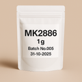 Resealable white stand-up pouch labeled MK2886 1g, Batch No.005 with expiration date 31-10-2025, pharmaceutical-grade supplement packaging on neutral background