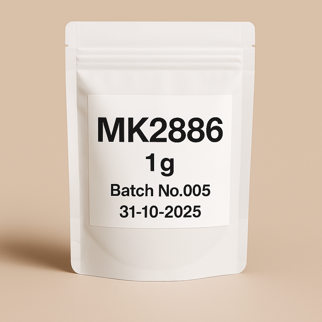 Resealable white stand-up pouch labeled MK2886 1g, Batch No.005 with expiration date 31-10-2025, pharmaceutical-grade supplement packaging on neutral background