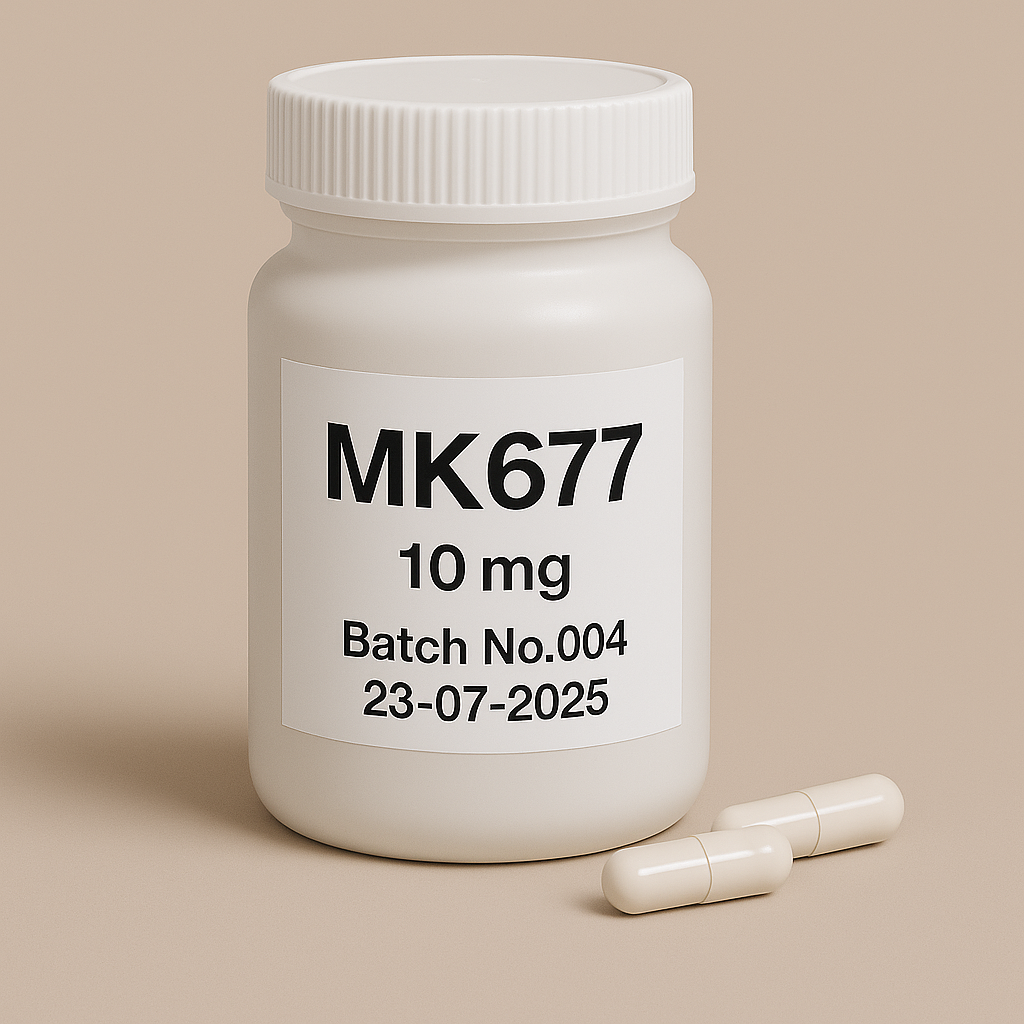 MK677 supplement bottle labeled 10 mg, Batch No.004, dated 23-07-2025, with two white capsules, shown on a beige background. Pharmaceutical packaging for MK-677 Ibutamoren peptide in capsule form