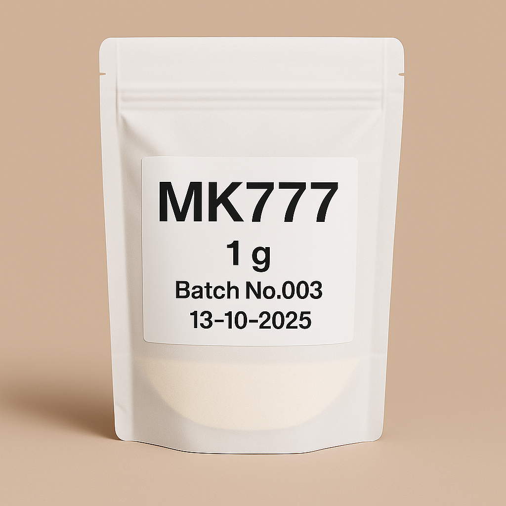photograph of a white, resealable stand-up pouch labeled “MK777 1 g, Batch No.003, 13-10-2025.” The pouch contains a visible quantity of light-colored powder and is set against a neutral beige background, giving a clean and professional product presentation.