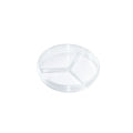 Clear plastic compartmentalized dish on a white background