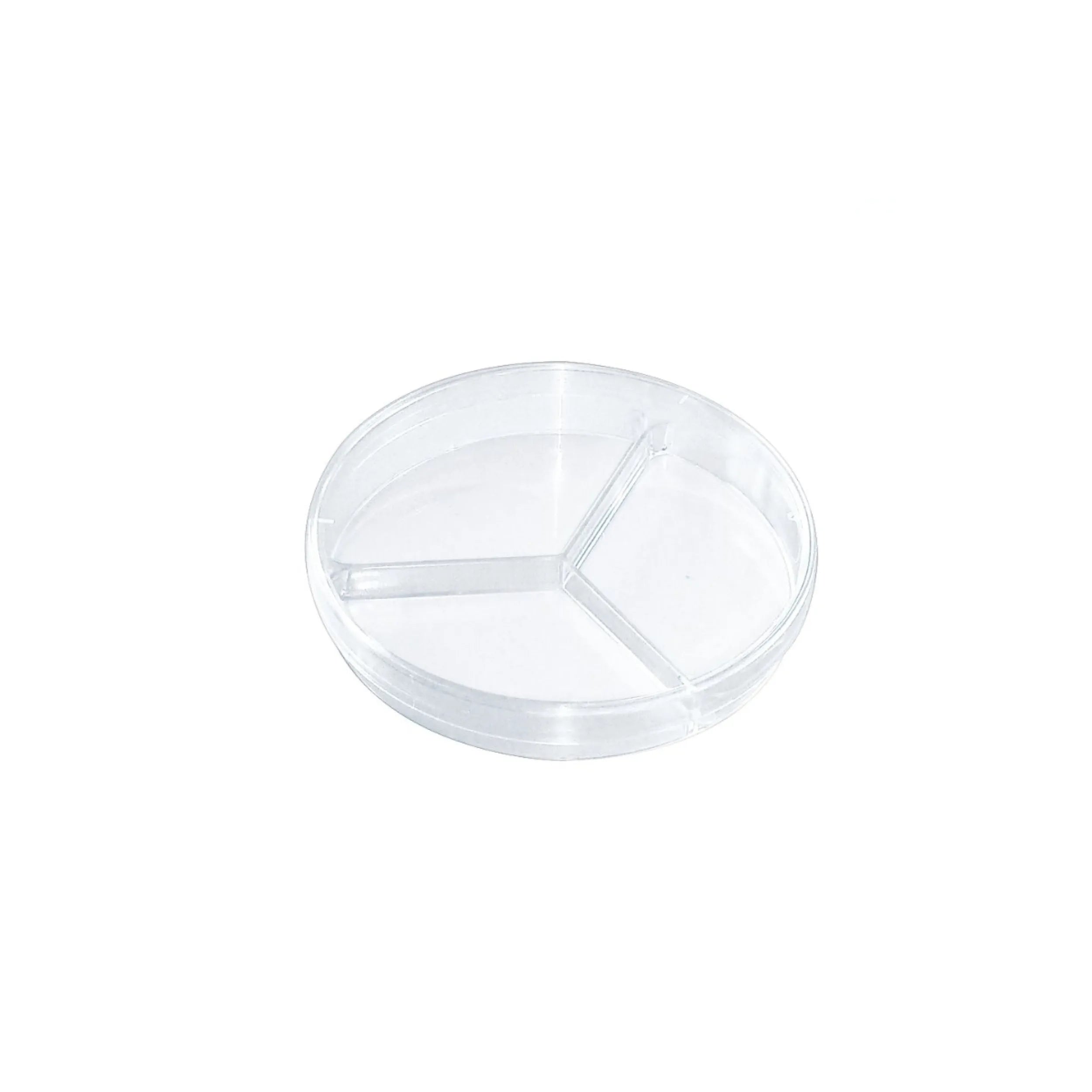 Clear plastic compartmentalized dish on a white background