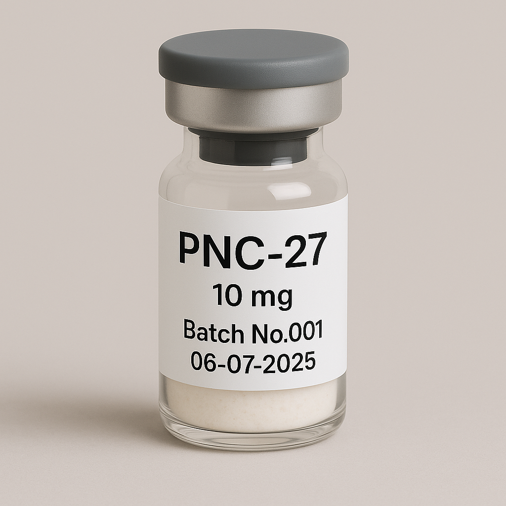 Glass vial labeled 'PNC-27 10 mg, Batch No.001, 06-07-2025' containing a white lyophilized powder, sealed with a gray rubber stopper and silver cap, displayed against a neutral beige background