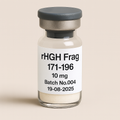 a clear glass vial containing off-white powder, labeled ‘rHGH Frag 171-196 10 mg – Batch No.004 – 19-08-2025,’ sealed with a gray rubber stopper and matte aluminum cap, set against a soft beige background.”