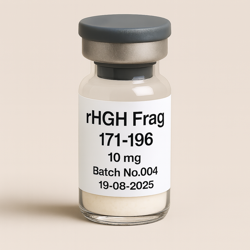 a clear glass vial containing off-white powder, labeled ‘rHGH Frag 171-196 10 mg – Batch No.004 – 19-08-2025,’ sealed with a gray rubber stopper and matte aluminum cap, set against a soft beige background.”