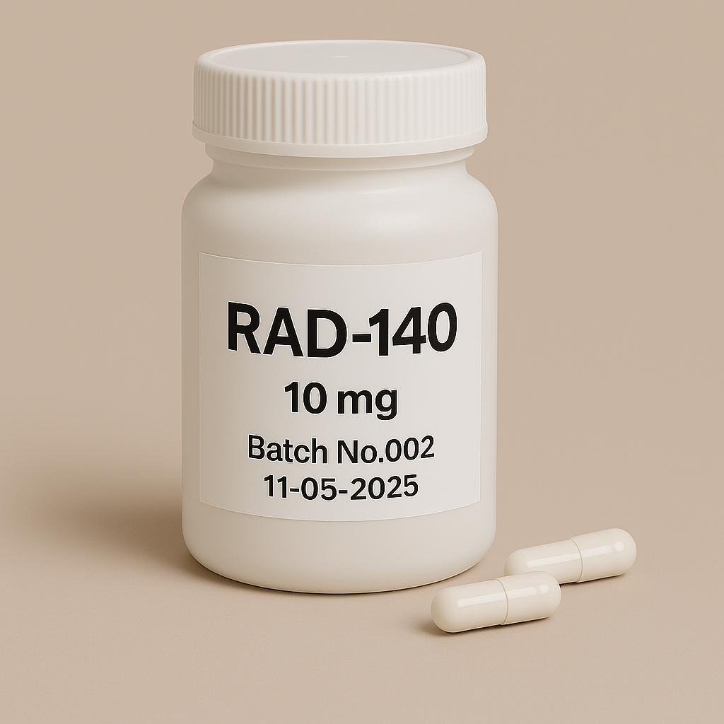 A photograph of a white plastic pill bottle labeled "RAD-140, 10 mg, Batch No.002, 11-05-2025." The bottle stands on a beige surface with two white capsules placed neatly in front. Minimalist beige background and bold black typography emphasize the clean, professional pharmaceutical design
