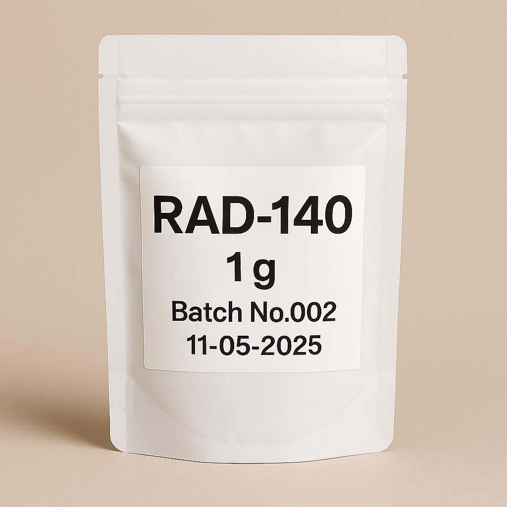 A digital photograph of a white resealable pouch labeled “RAD-140, 1 g, Batch No.002, 11-05-2025.” The minimalist design features bold black typography on a clean beige background, emphasizing a professional and modern supplement package presentation