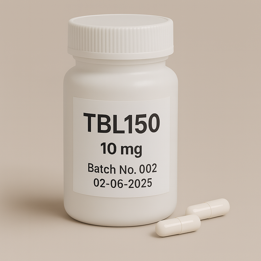 White plastic pill bottle labeled 'TBL150 10 mg, Batch No.002, 02-06-2025' with two white capsules on a beige background – high-resolution supplement product image for pharmaceutical or peptide use