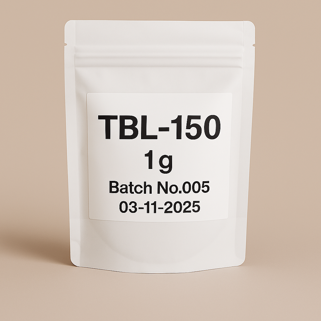 White resealable stand-up pouch labeled 'TBL-150 1g, Batch No.005, 03-11-2025' on a neutral beige background, product packaging for research compound TBL-150
