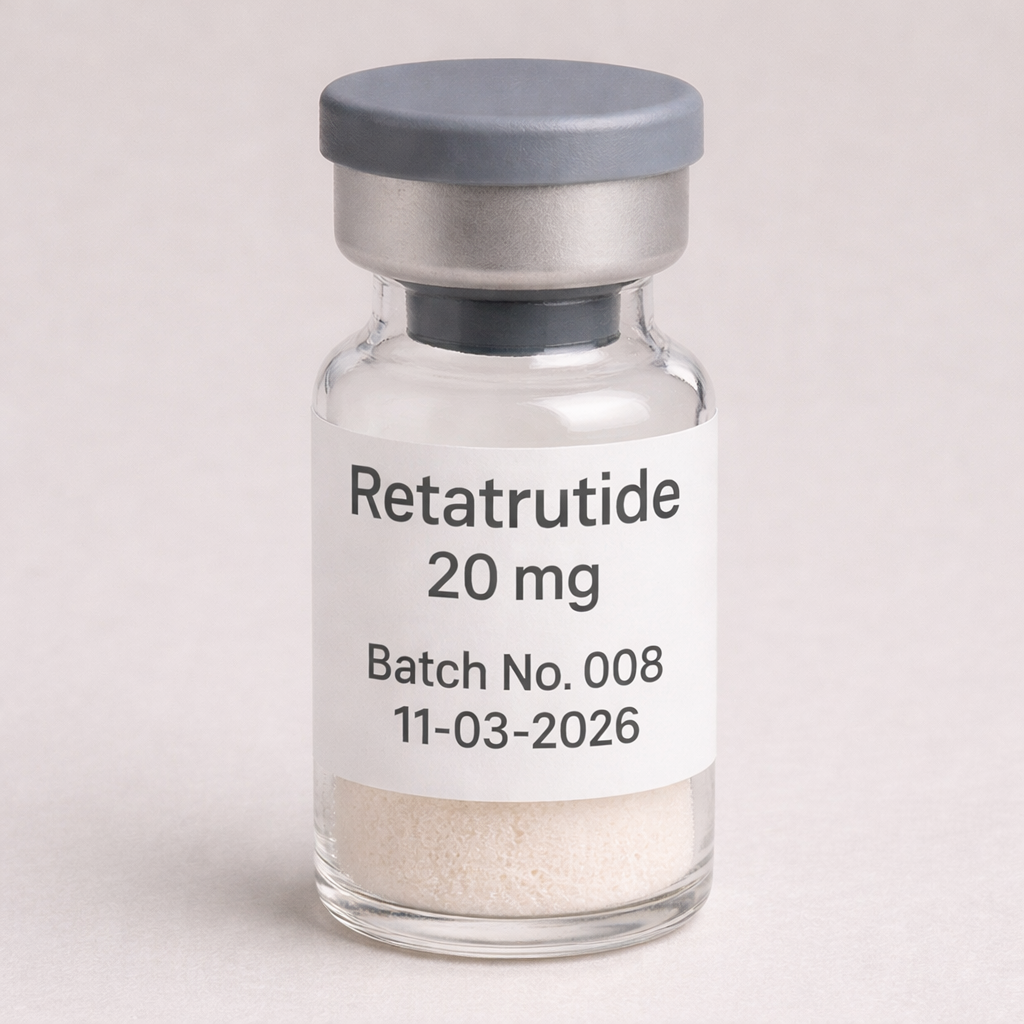 Retatrutide 20 mg vial with white lyophilized powder, labeled Batch No. 008 and expiration date 11-03-2026, shown in a clear glass vial with a gray cap on a soft neutral background.