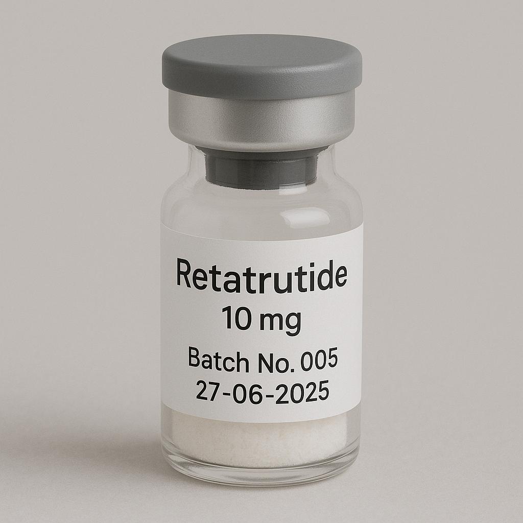 Vial labeled 'Retatrutide 10 mg' with batch number and expiration date on a neutral background